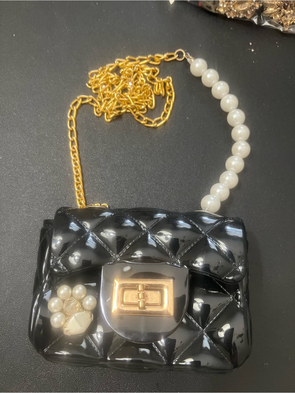 Black Patent Quilted Crossbody Bag with Pearl Strap